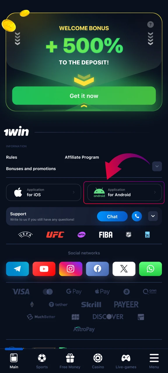 Download 1win app for Android by selecting version and completing the download process.
