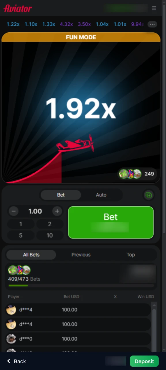 Aviator demo gameplay screen on 1win mobile app in India.