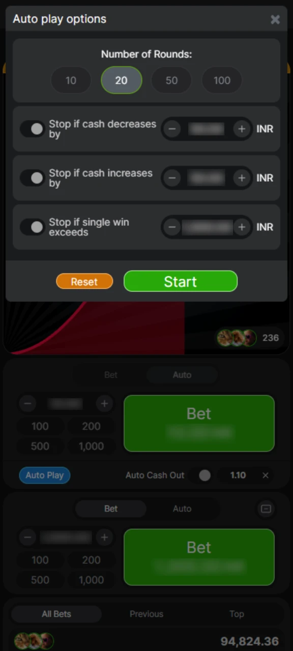 Auto-play options in 4rabet Aviator app.
