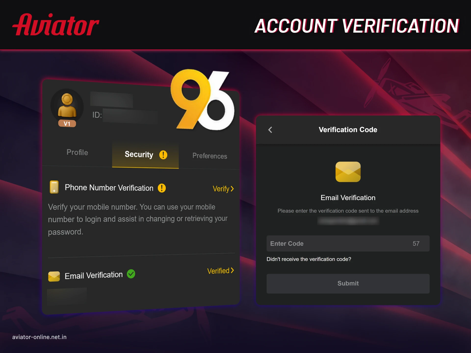 96in Aviator KYC verification process for secure account access.