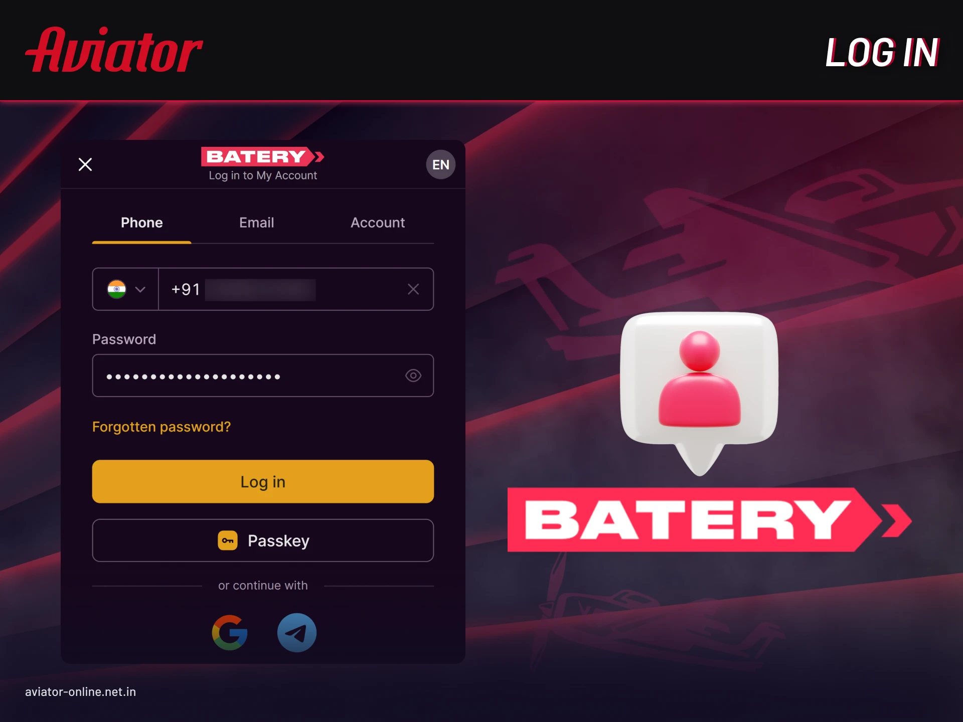 Access Batery Aviator app by logging in with account credentials.