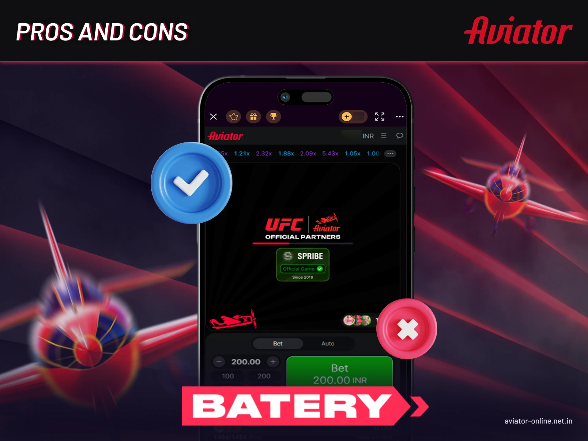 Pros and cons of using Batery Aviator mobile app on Android and iOS.
