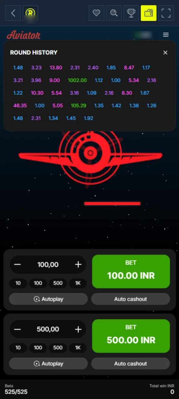 Viewing past round results in Rabona Aviator mobile app.