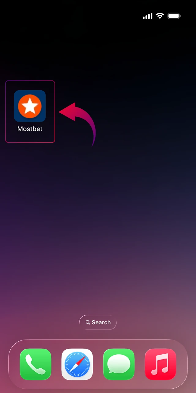 Tapping home screen icon to open Mostbet app on iOS.